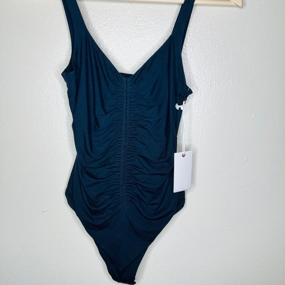 Good American Good Touch Thong Bodysuit Small Vneck Black Ruched Jersey Knit New